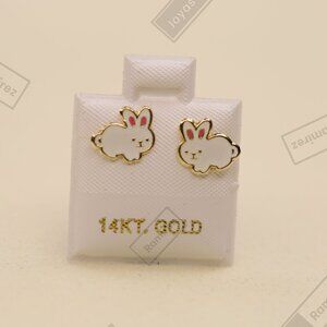 14K Solid Gold White Bunny Stud Earrings — Aretes Conejito Blanco Oro Solido 14K